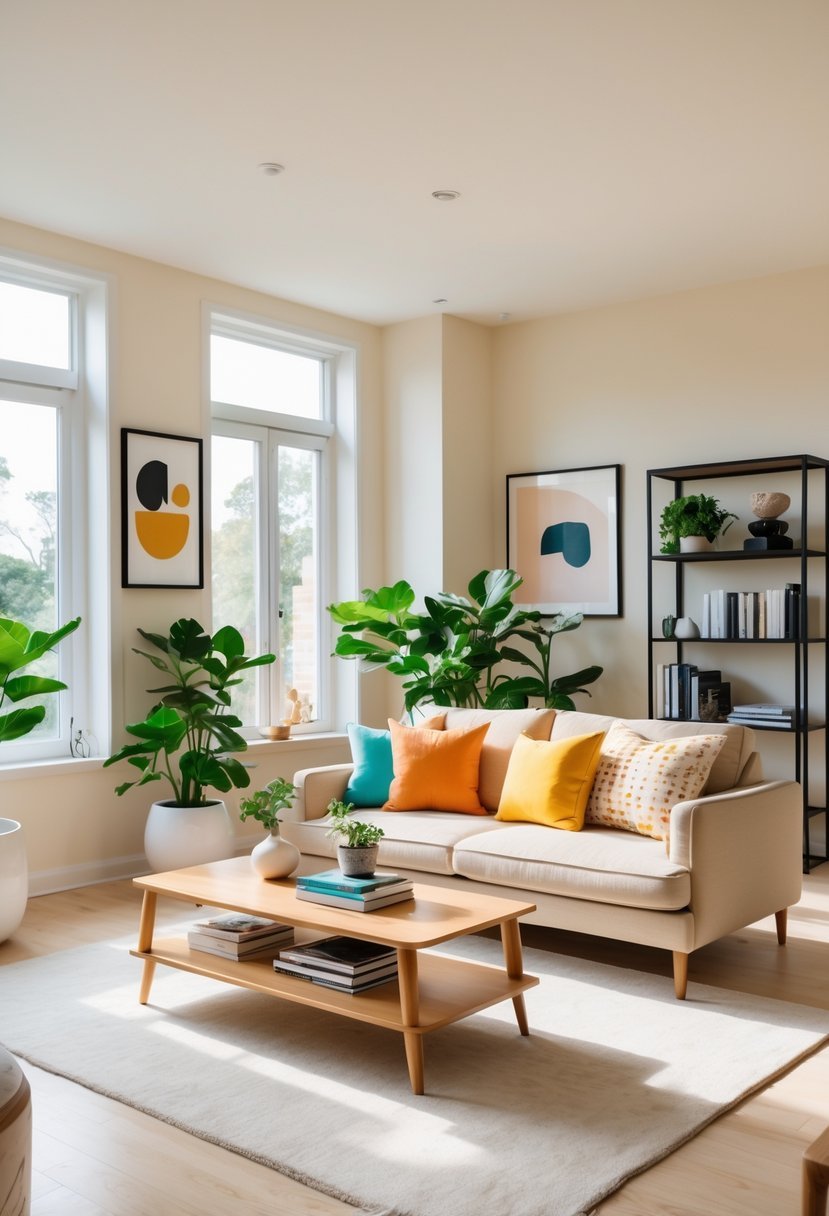 A bright living room with a beige sofa, wooden coffee table, bookshelves, plants, and large windows letting in natural light.