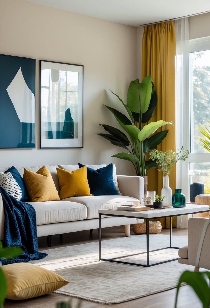 Living room with neutral colors and bold accents, featuring a sofa, coffee table, plants, and natural light.