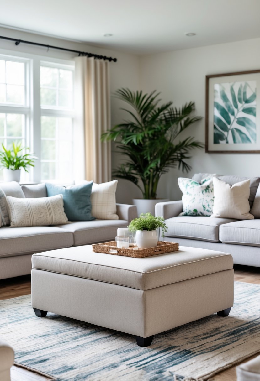 A living room with a storage ottoman, sofa, armchair, plants, and natural light.