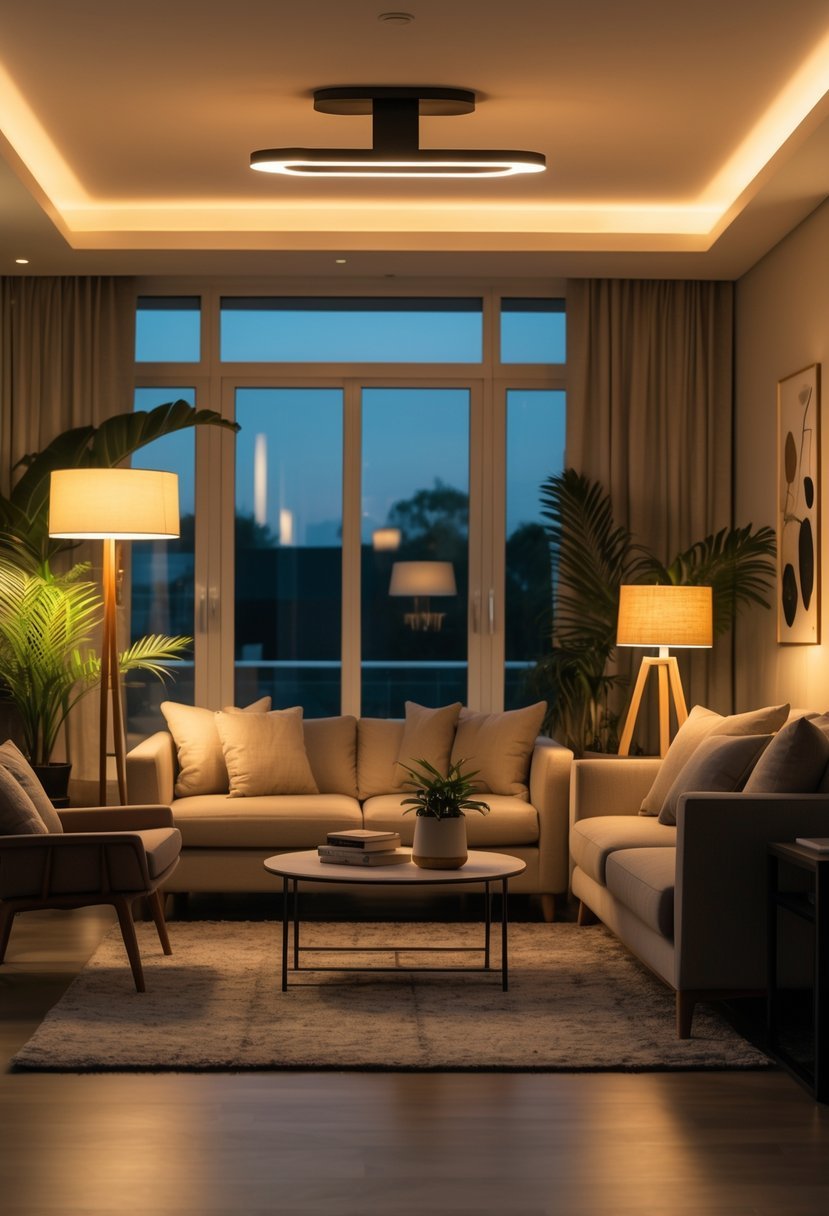 A living room with a sofa, coffee table, plants, and multiple light sources including floor lamps, table lamps, and ceiling lights illuminating the space.