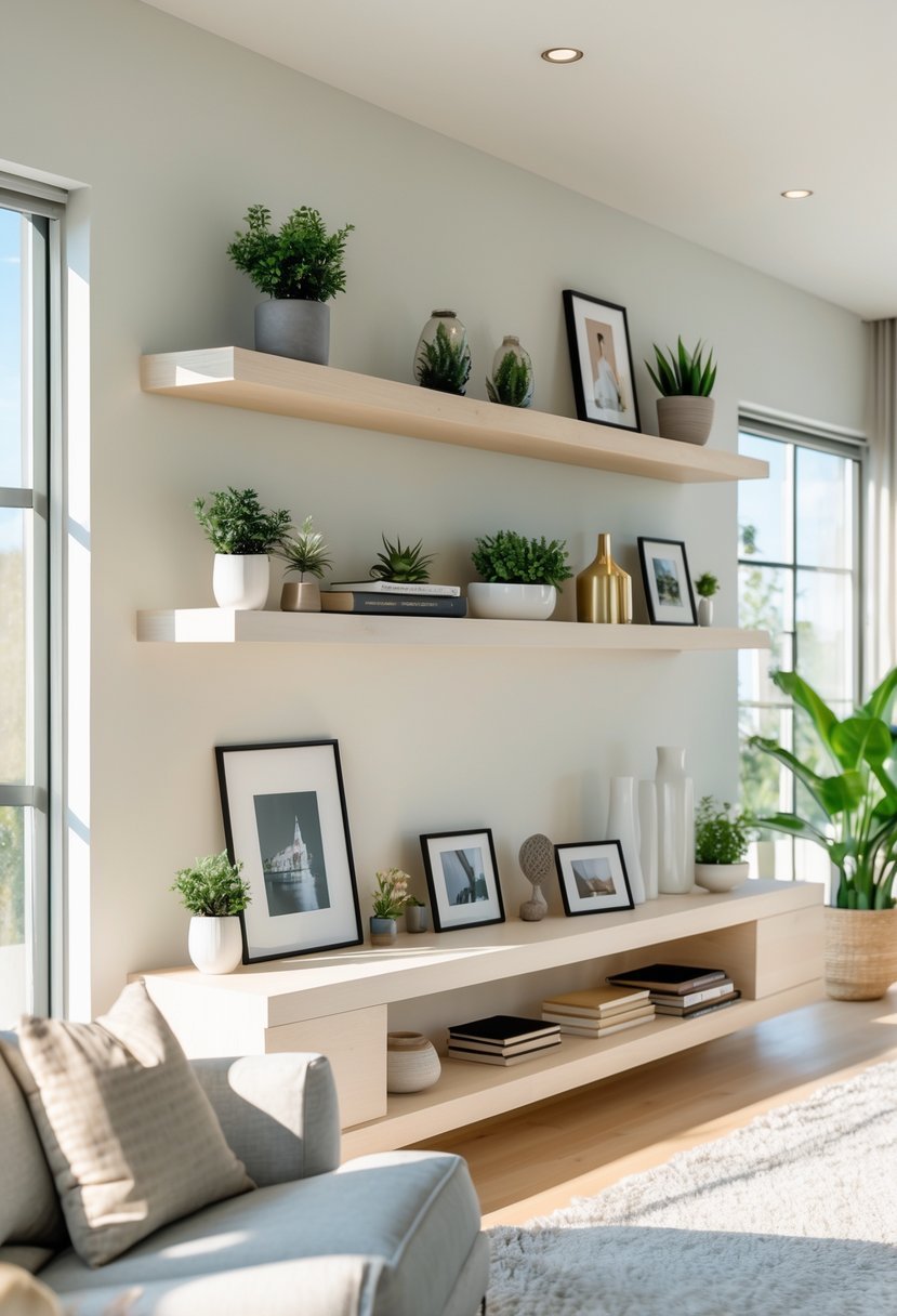Living room with floating shelves displaying decorative items like plants, vases, photos, and books above a sofa.