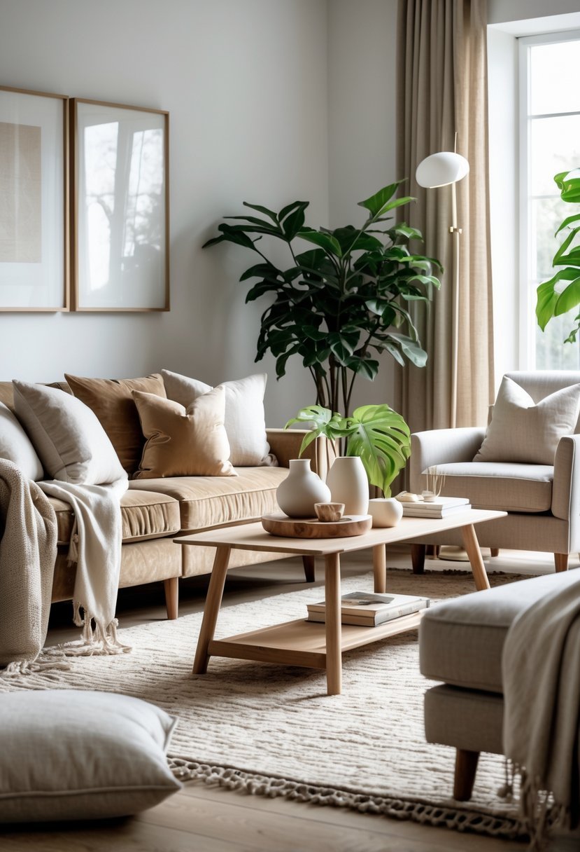 A living room with a sofa and armchairs covered in textured fabrics, a wooden coffee table, indoor plants, and decorative items.