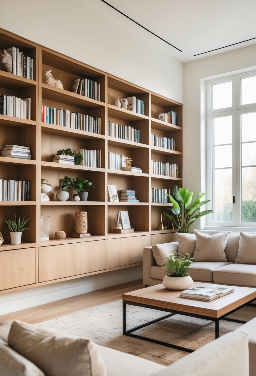 Living room with built-in bookshelves filled with books and decorations, a sofa, and a coffee table.