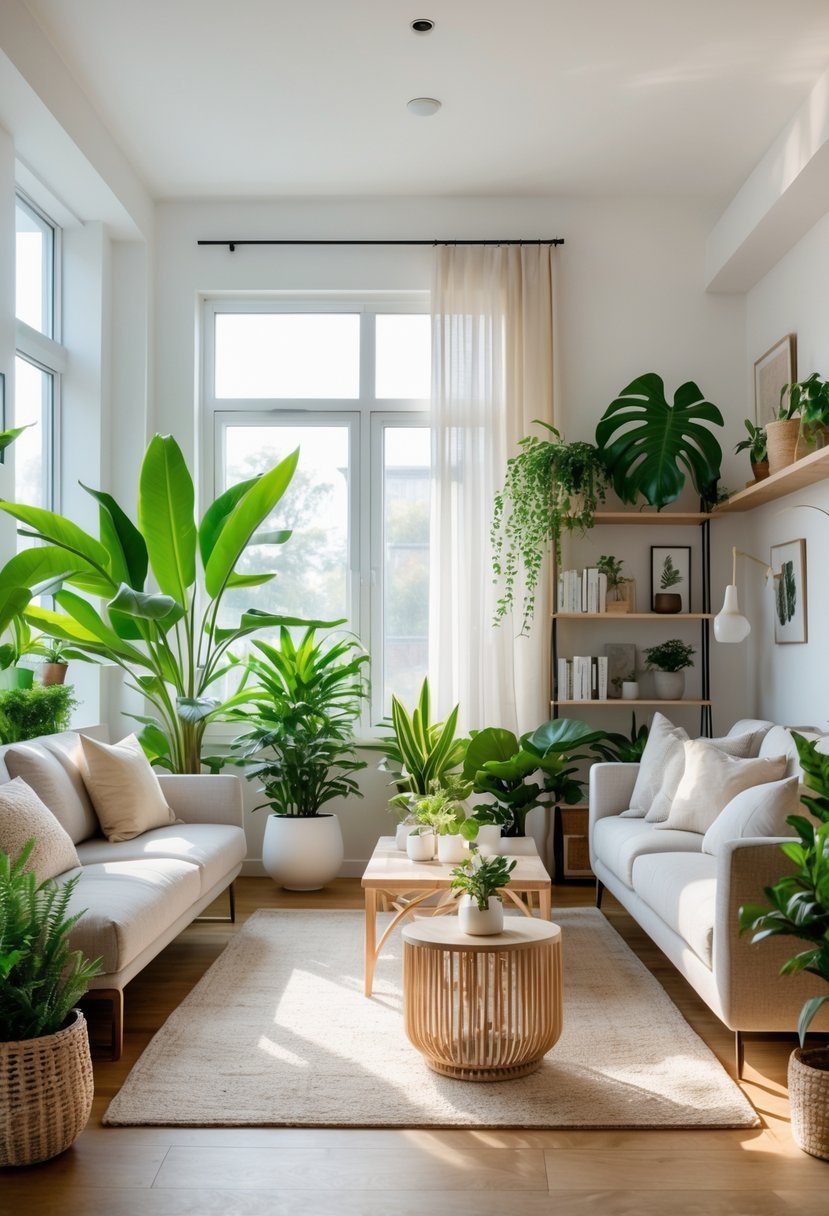 A bright living room with a sofa, coffee table, shelves, and several indoor plants placed around the space.