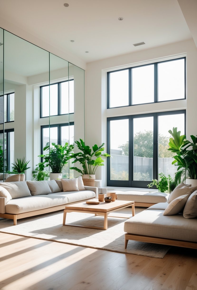 A living room with large mirrors reflecting sunlight from windows, comfortable seating, plants, and a wooden coffee table.