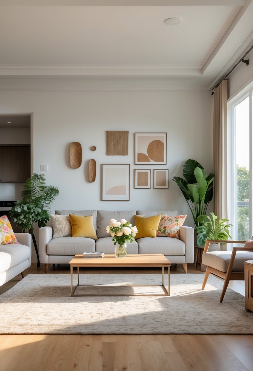 A bright living room with a sofa, coffee table, plants, and wall art arranged neatly.
