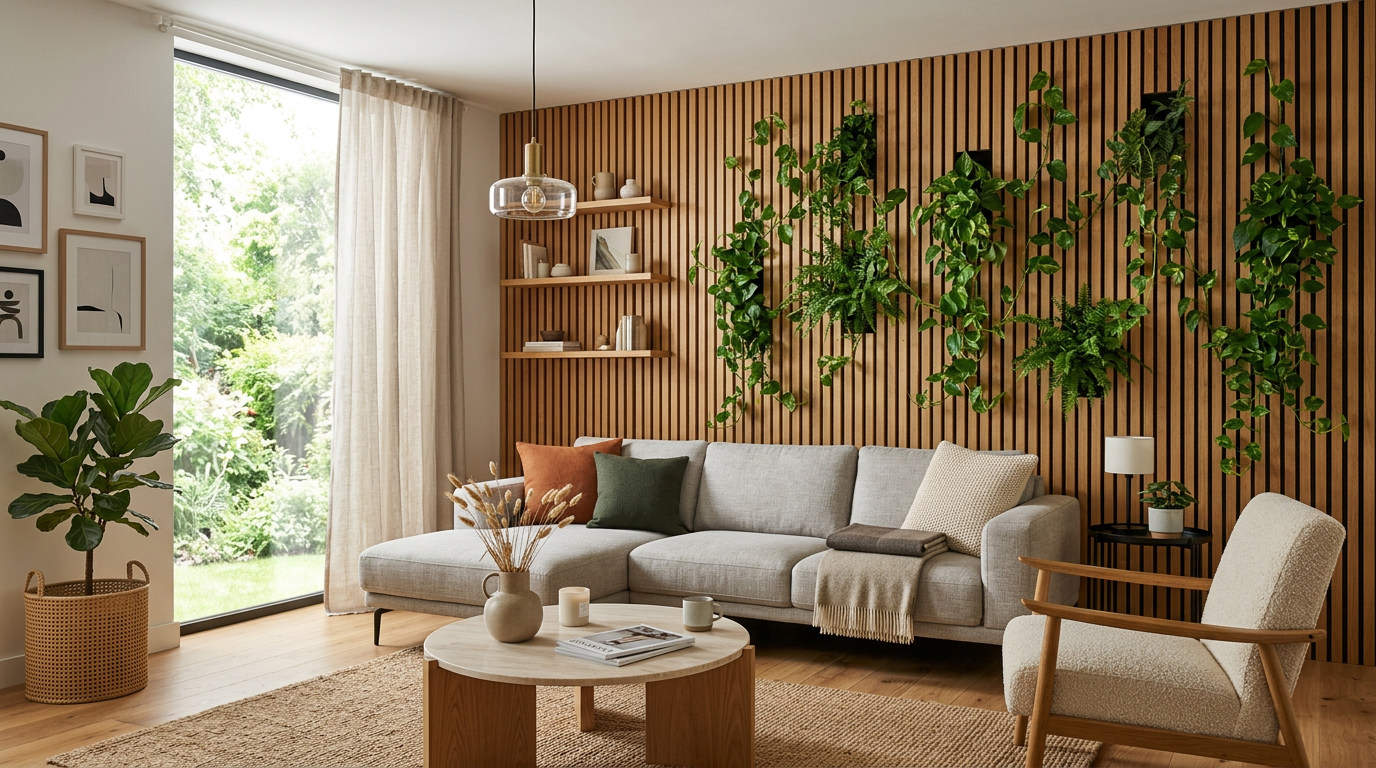 AI concept: wood plant accent wall with pothos between slats for plant accent wall living rooms