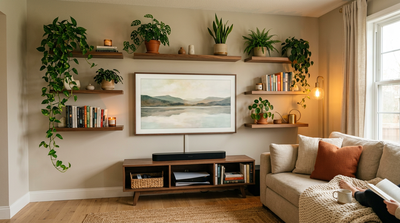 AI concept: TV wall ideas with plants and concealed cables