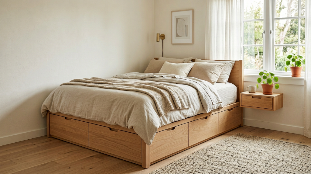 Small bedroom with storage platform bed and drawers underneath