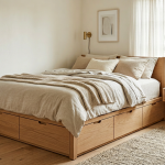 Small bedroom with storage platform bed and drawers underneath