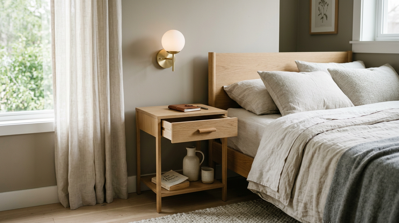 Narrow nightstand with shelf beside bed in compact bedroom