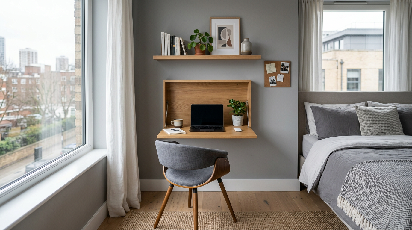Wall-mounted fold-down desk in small bedroom workspace nook