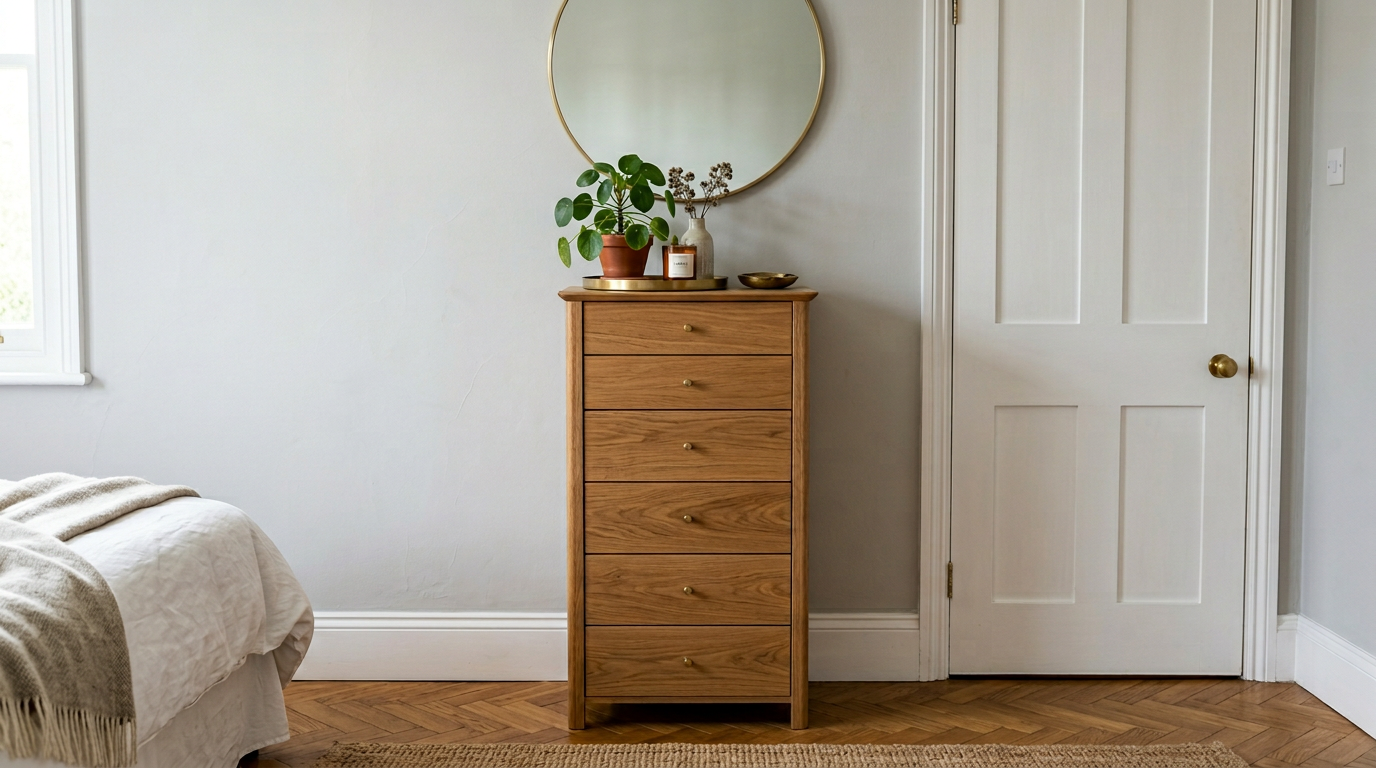 Tall narrow dresser fitting tight wall in bedroom