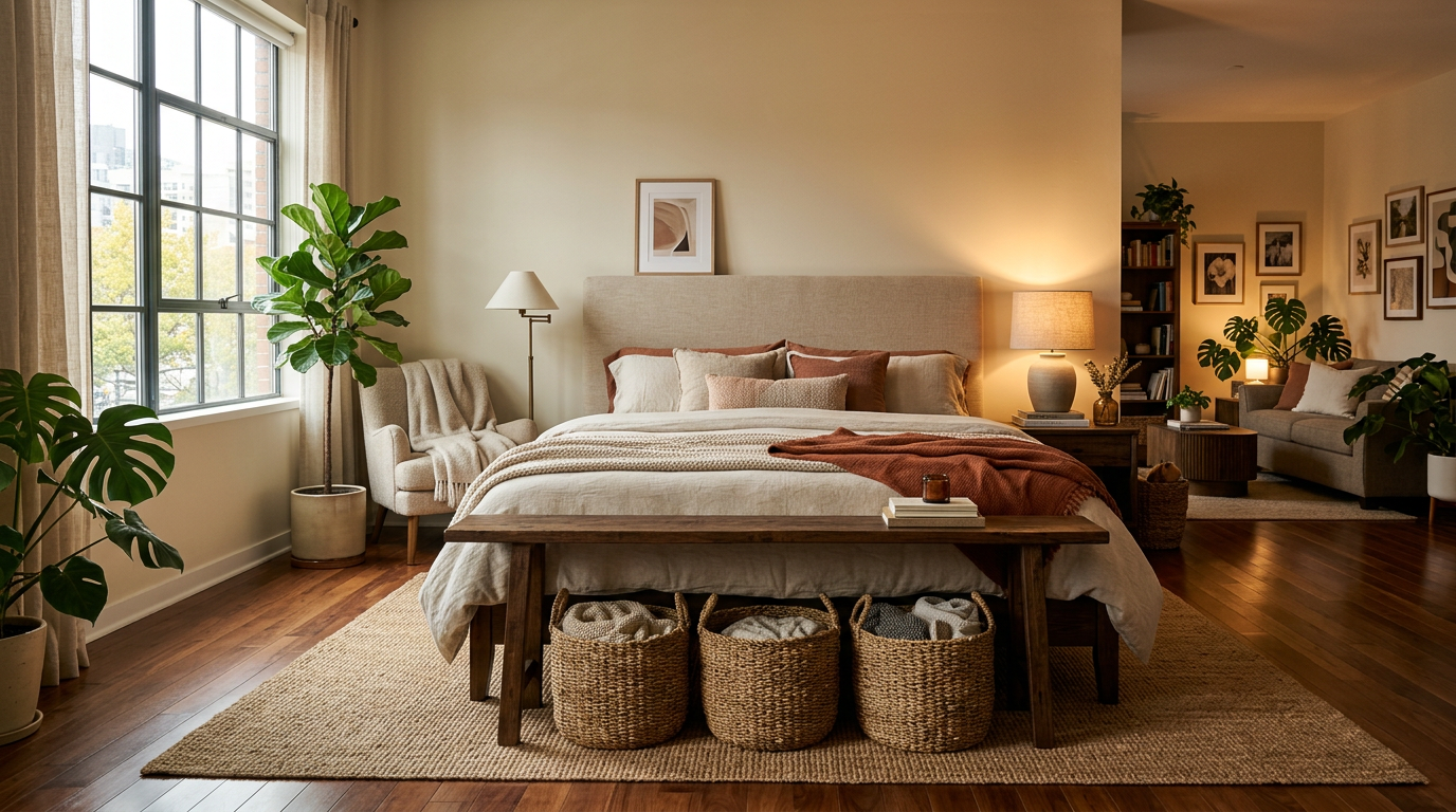 Slim console table behind bed in studio apartment bedroom