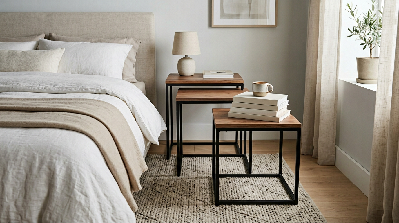 Set of nesting side tables beside bed small bedroom