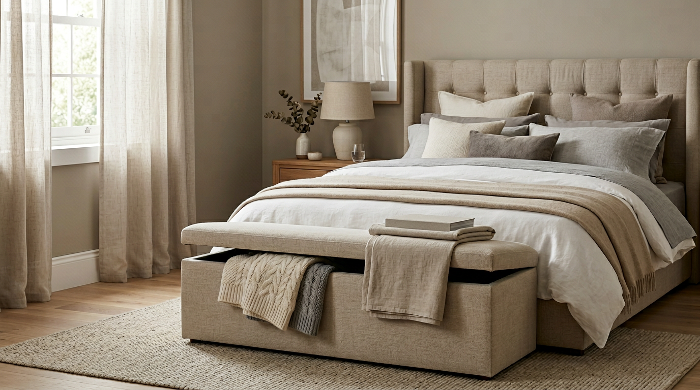 Upholstered storage ottoman at foot of bed