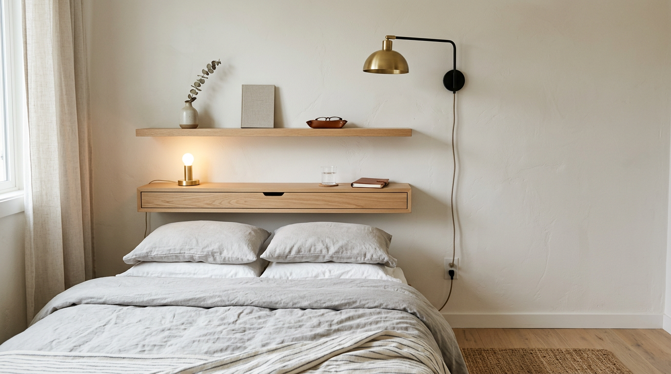 Floating shelf with shallow drawer above headboard
