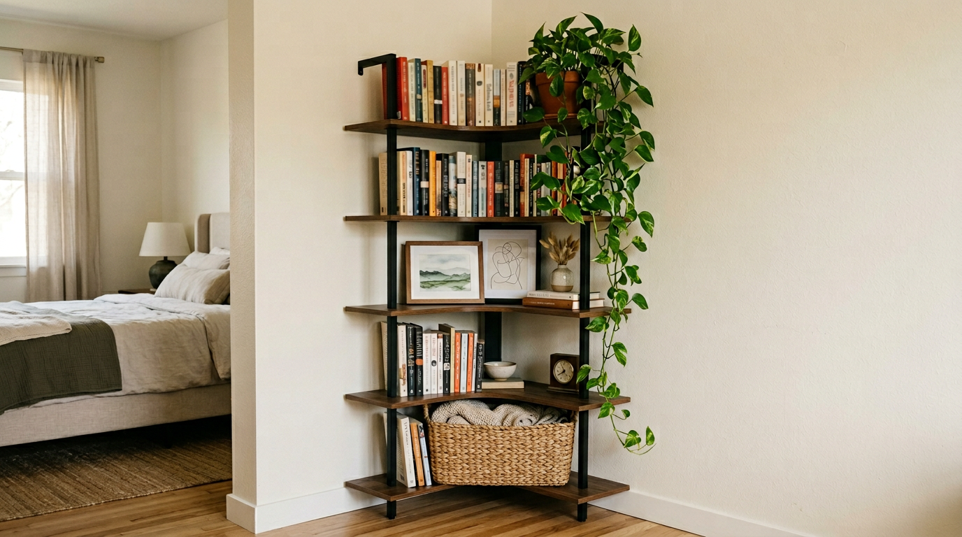 Corner shelving unit with plants and books in bedroom