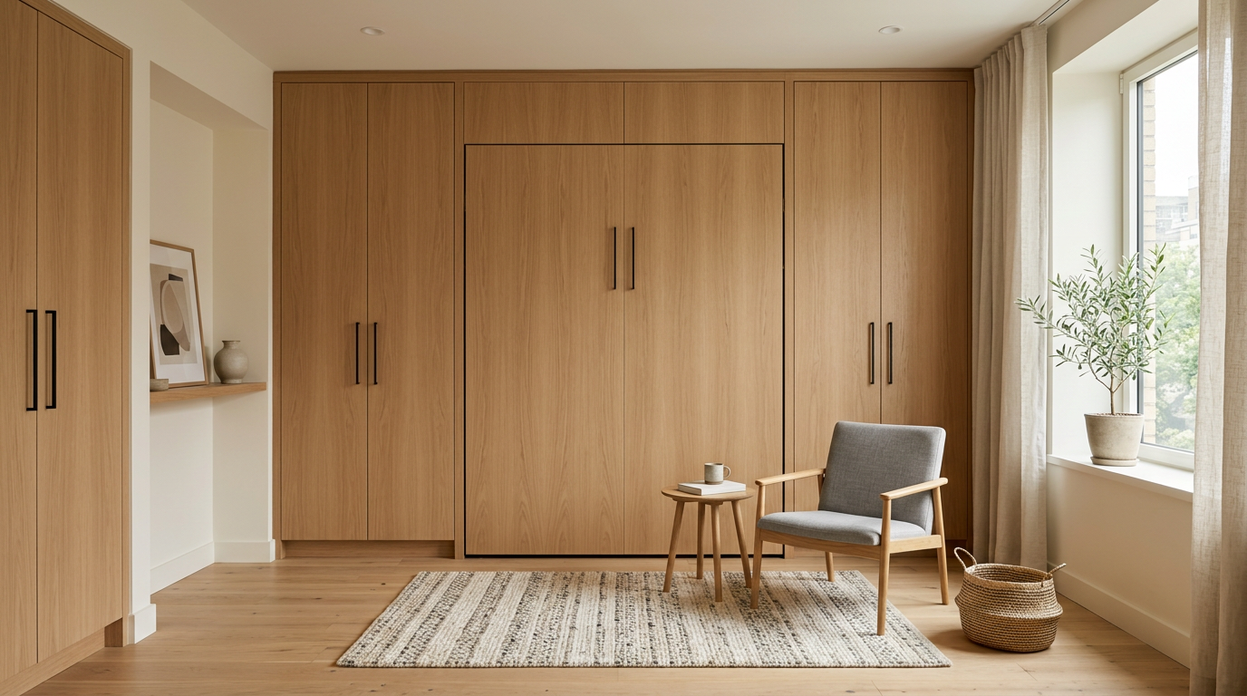 Modern murphy wall bed closed as cabinet in small room