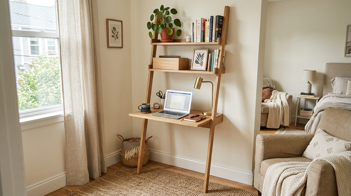 Ladder-style desk with small footprint in bedroom corner