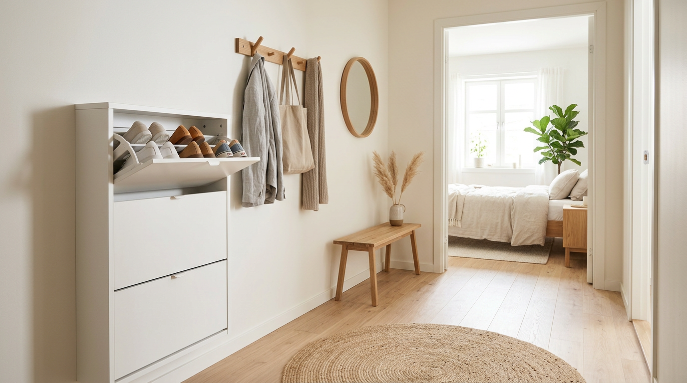 Tall slim shoe cabinet in bedroom entryway