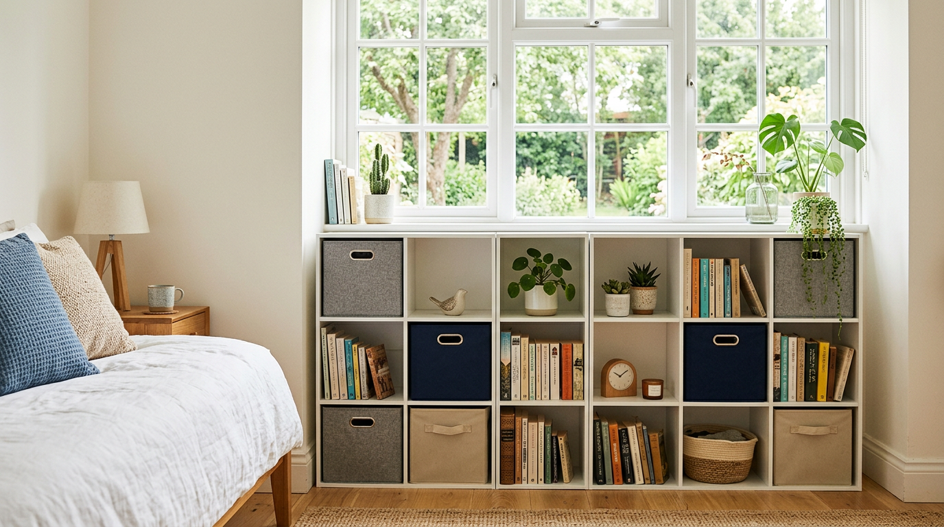 Modular cube shelves arranged under window in bedroom