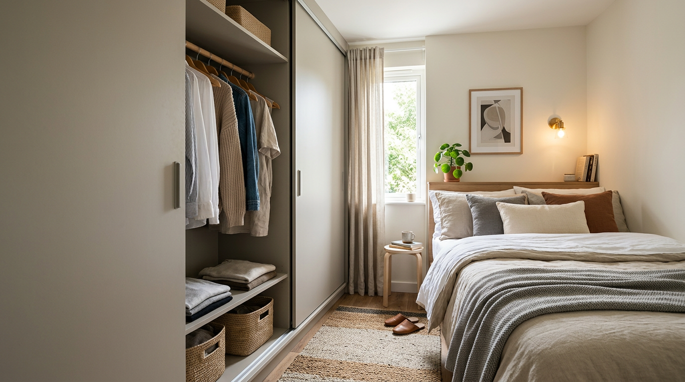 Sliding door wardrobe in small bedroom alcove