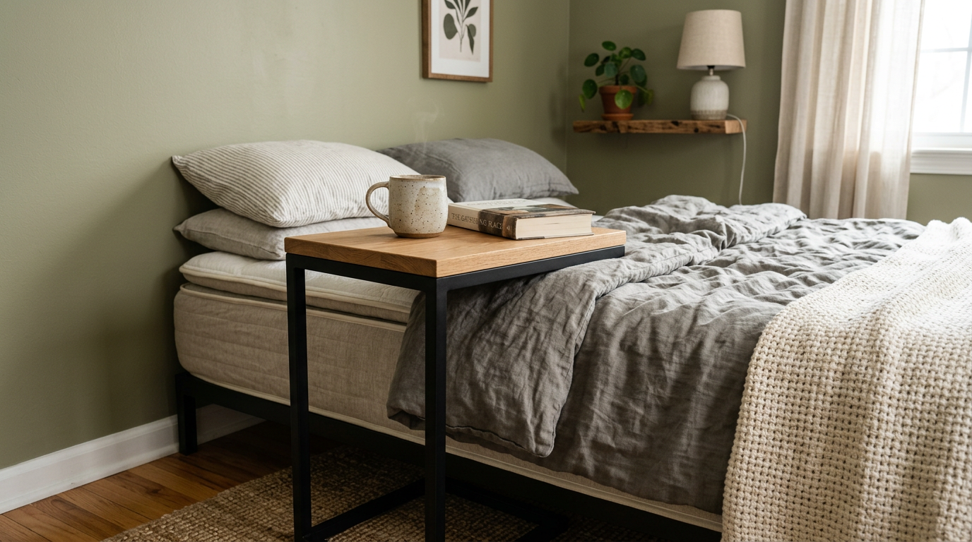 C-shaped accent table pulled up to bed