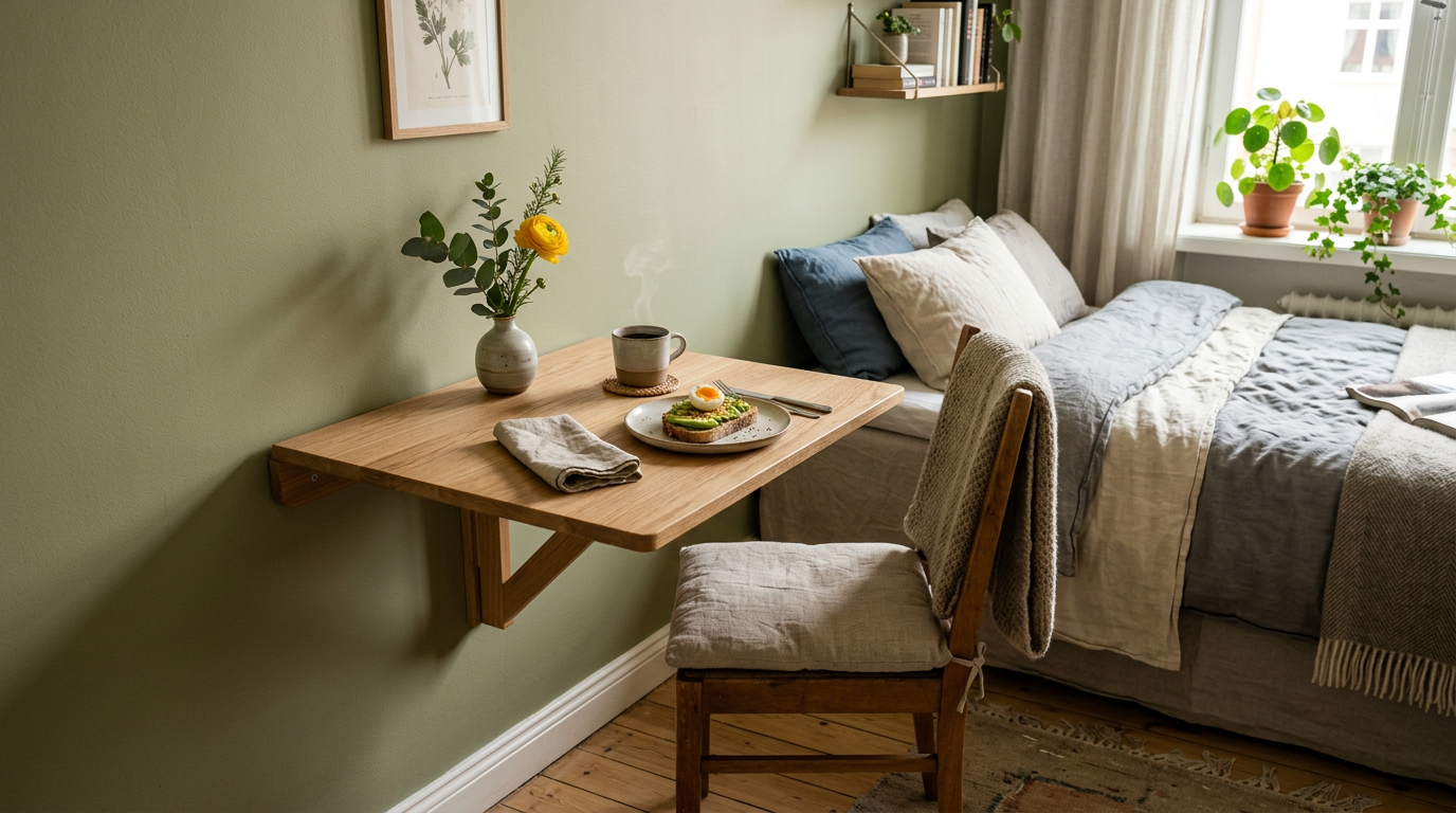 Fold-down wall table for laptop or breakfast in bedroom