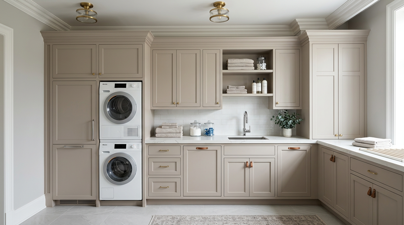 Laundry room cabinet ideas with floor-to-ceiling built-in laundry cabinetry and integrated appliances