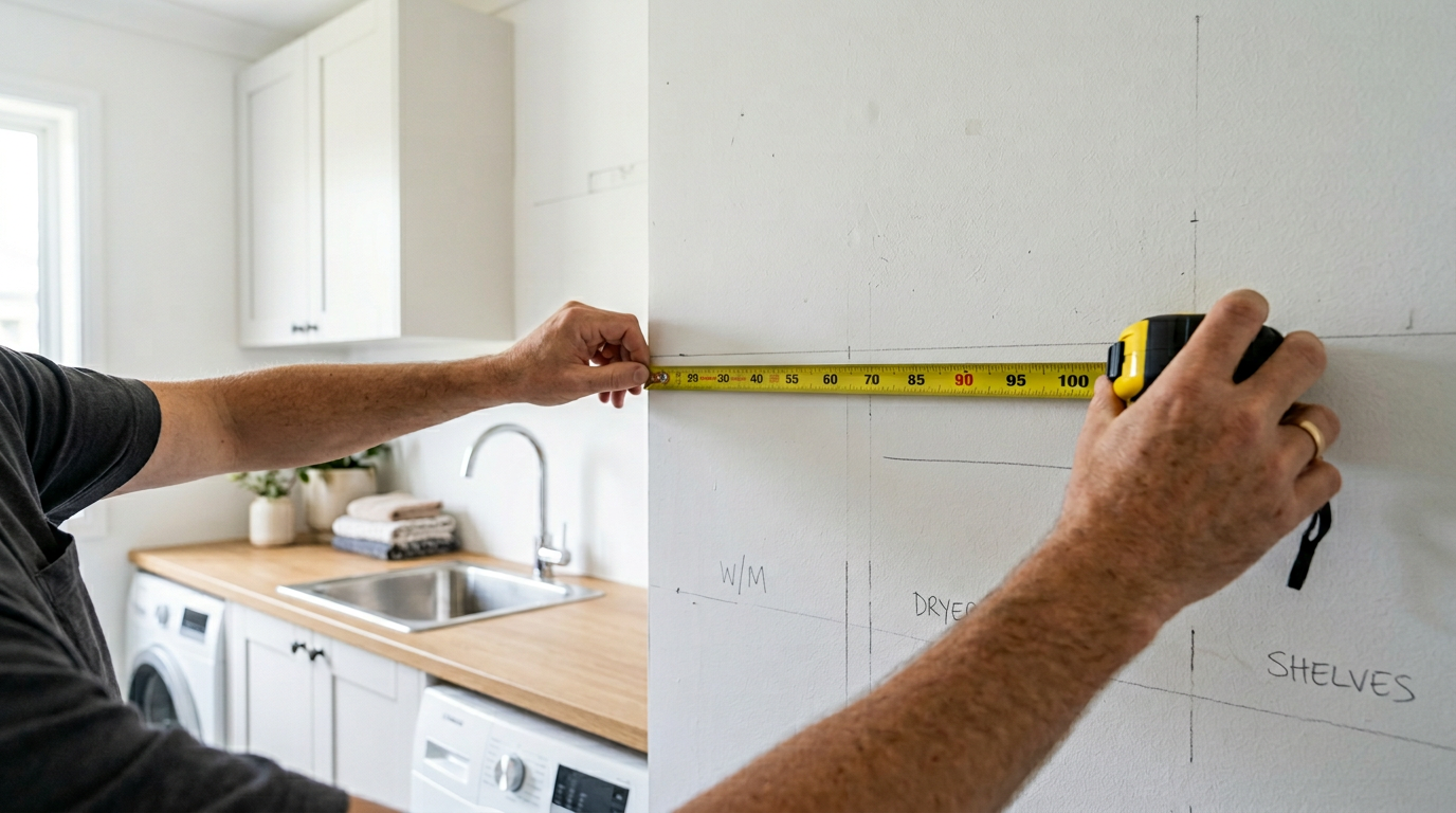 Laundry room cabinet ideas—measuring a laundry wall for upper cabinets above washer and dryer