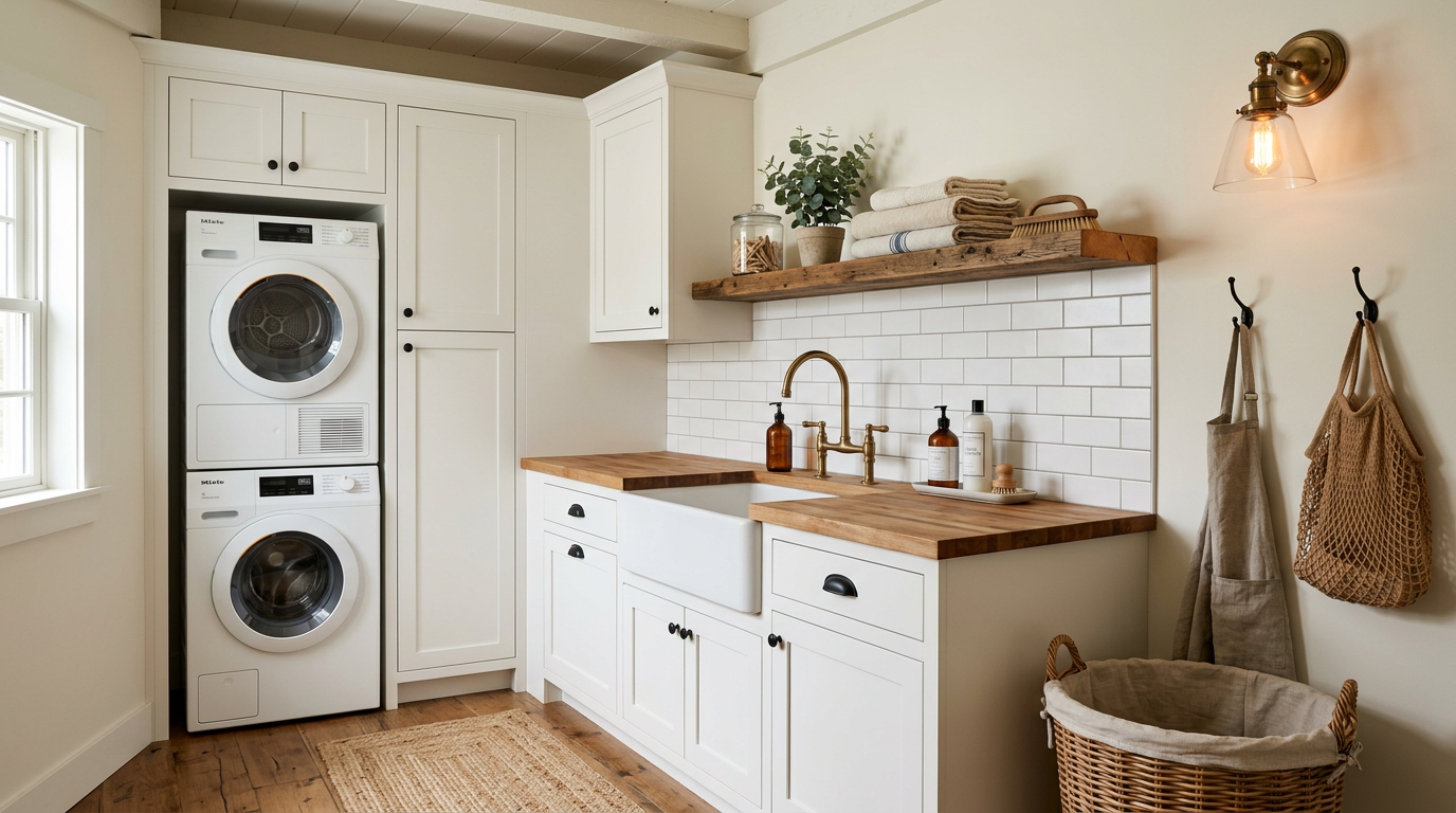 Laundry room cabinet ideas for a farmhouse laundry with white shaker cabinets and rustic accents