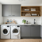 Modern laundry room with sleek gray flat-panel cabinets