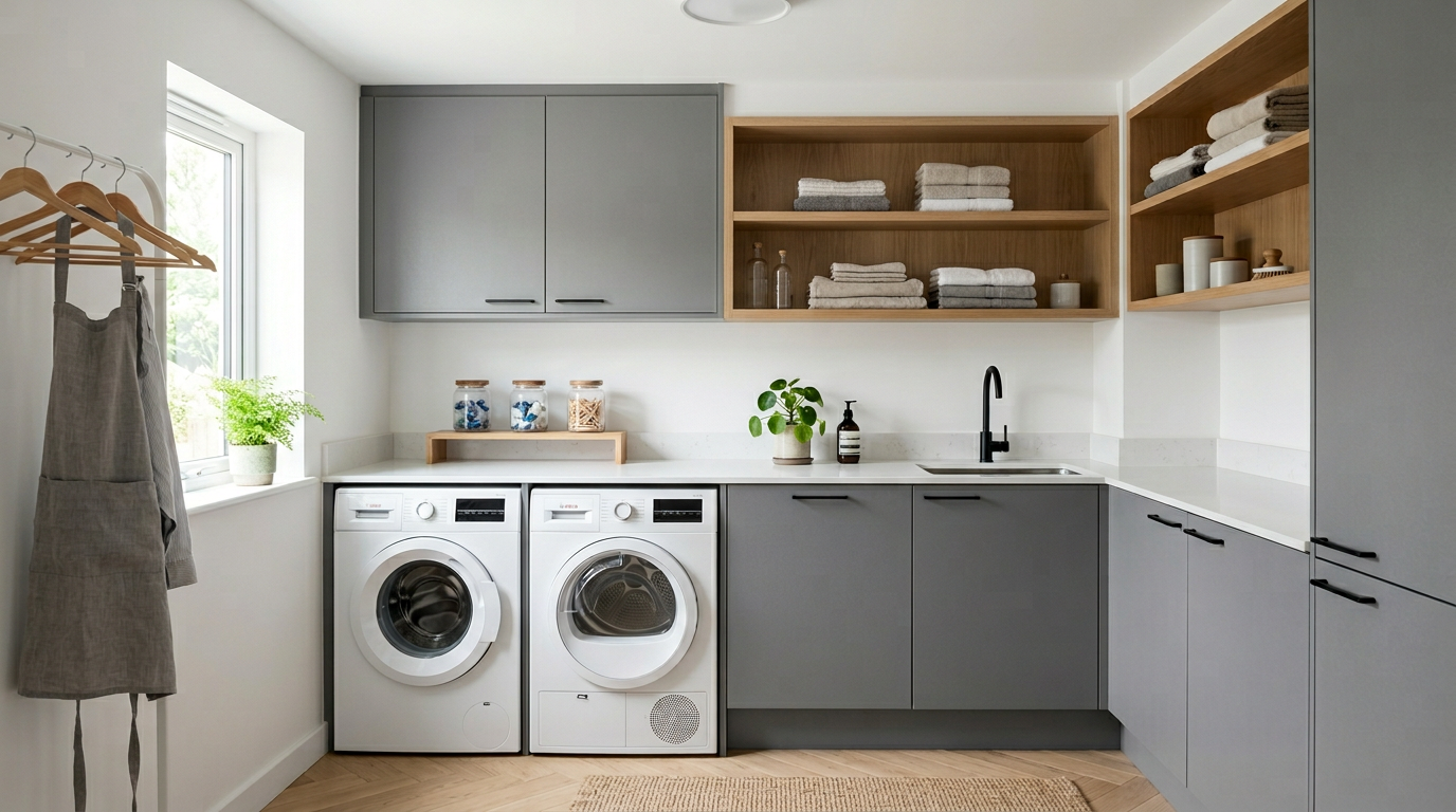 Modern laundry room with sleek gray flat-panel cabinets