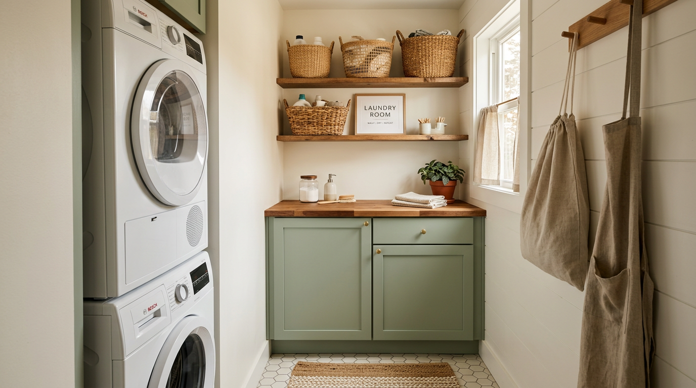 Laundry room cabinet ideas for a small laundry with compact base cabinets and stacked washer dryer