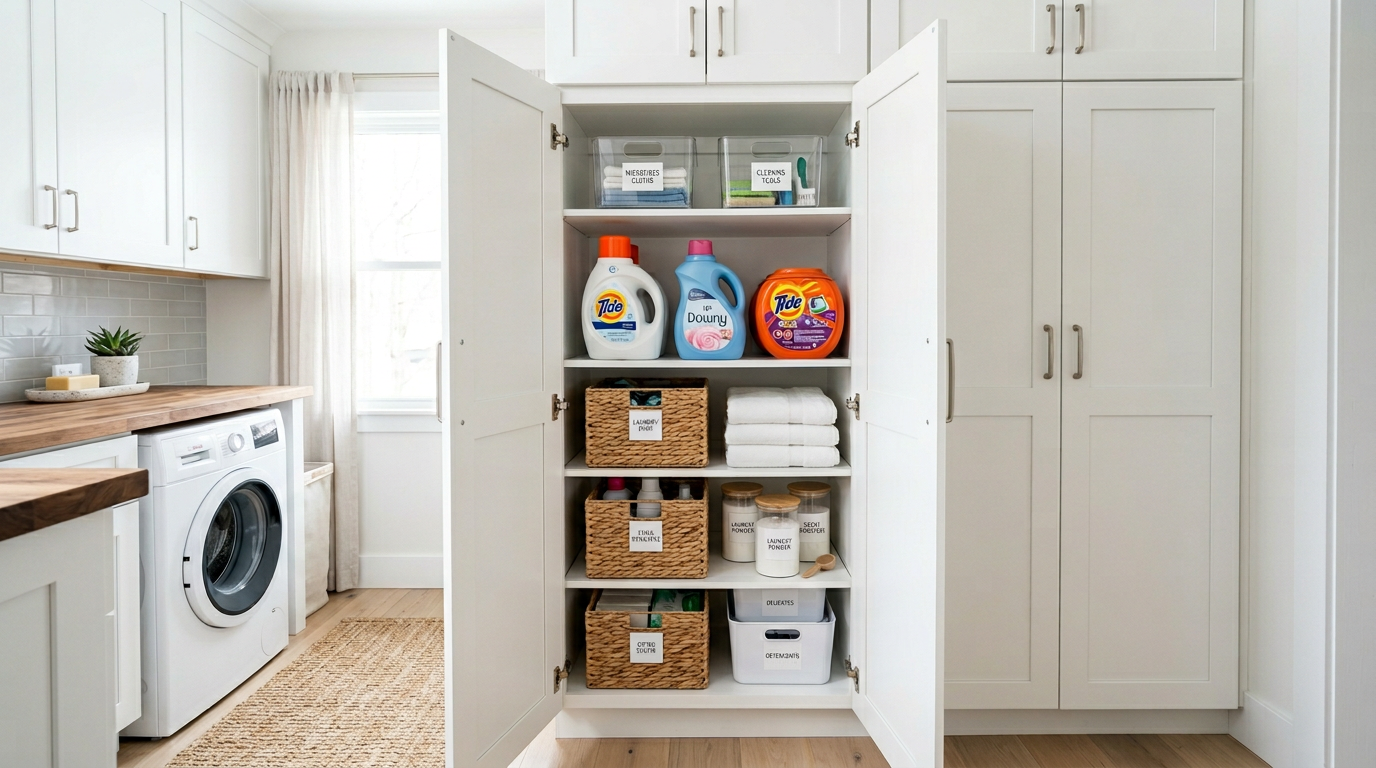 Laundry room cabinet ideas with open storage cabinets organized using bins and labeled baskets