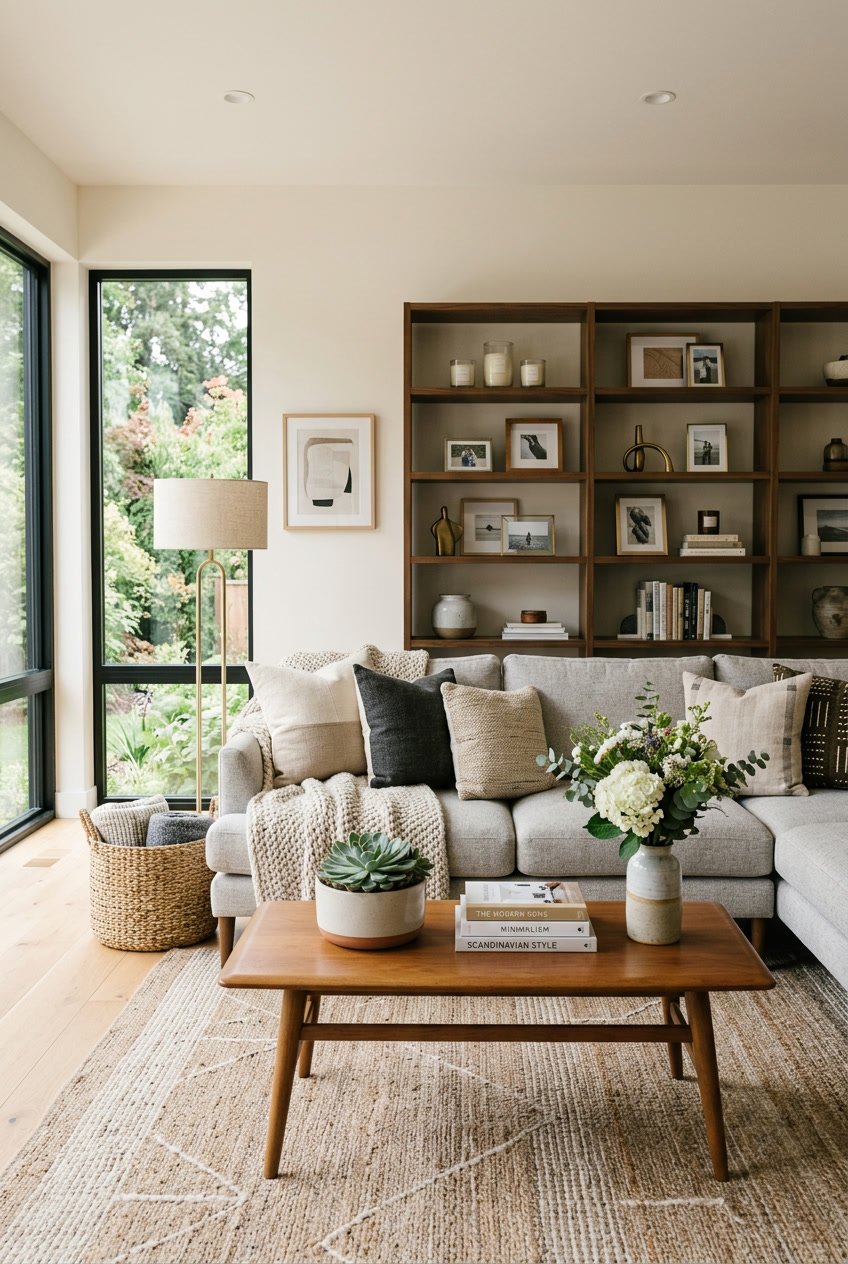 A living room with a sofa, coffee table with plants and books, and a bookshelf with decorative items.