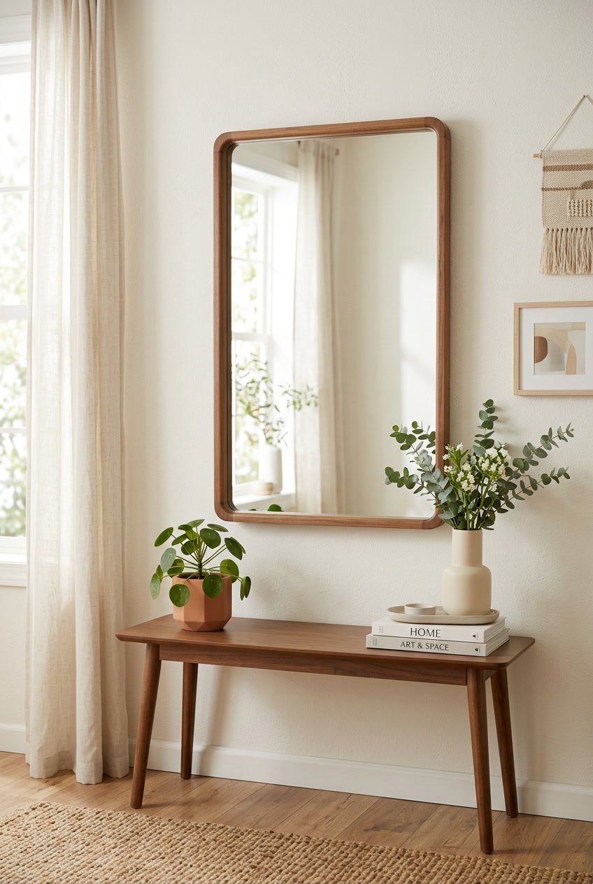 A wooden framed mirror hanging on a light wall above a wooden table with a plant and vase in a bright room.