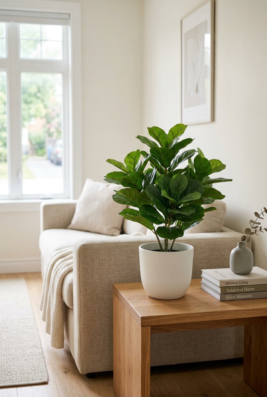 Artificial green potted plant on a wooden table in a bright living room with a sofa and decorative items.