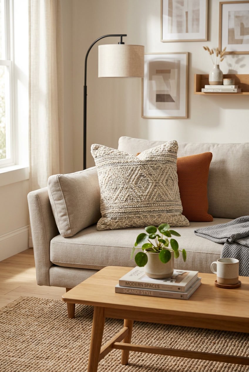 A textured throw pillow on a sofa in a cozy living room with a coffee table, plant, and home decor items in the background.