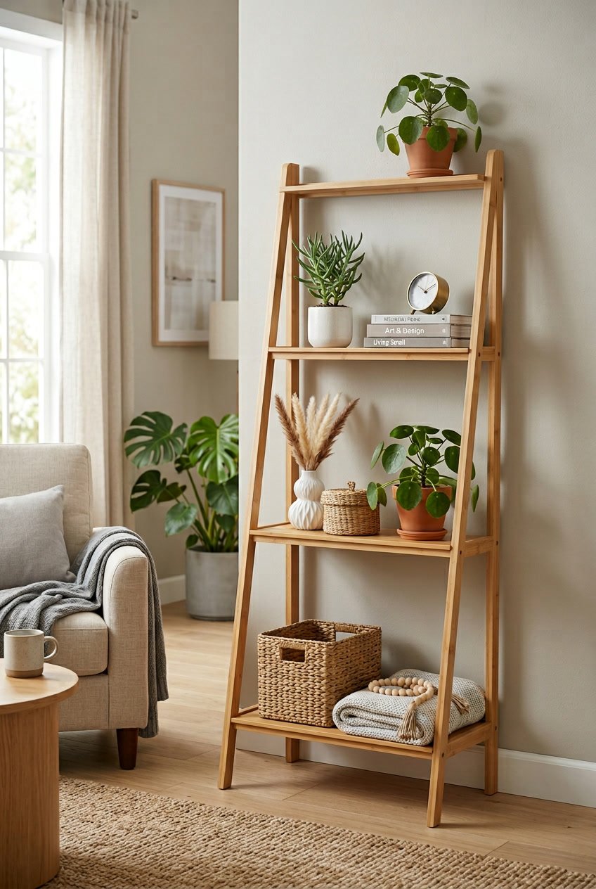 A three-tier bamboo ladder shelf with plants, books, and decorative items in a bright living room.