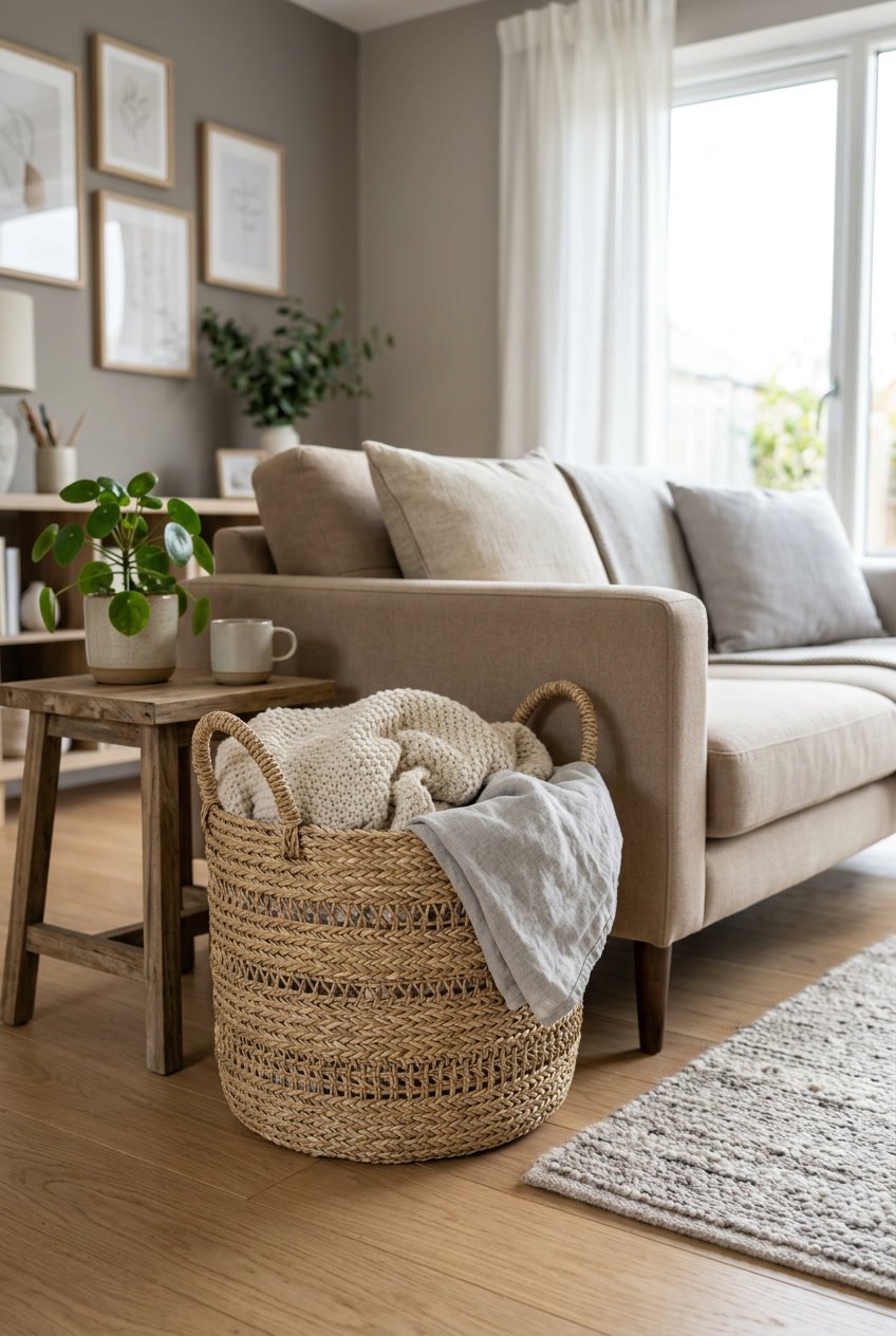 A woven seagrass basket filled with textiles placed on a wooden floor next to a sofa in a cozy living room.