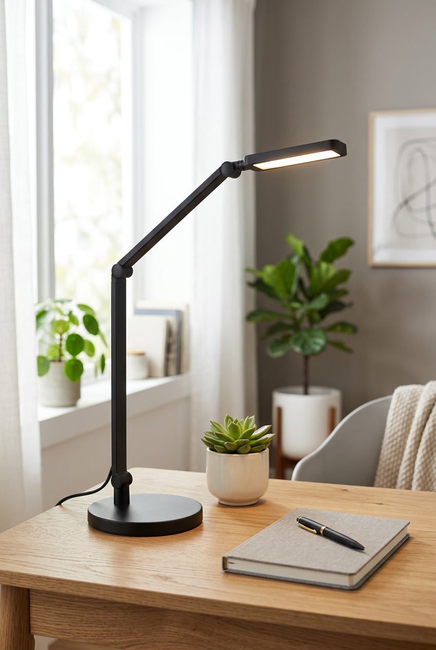 An LED table lamp on a wooden desk with a plant and notebook nearby in a bright room.