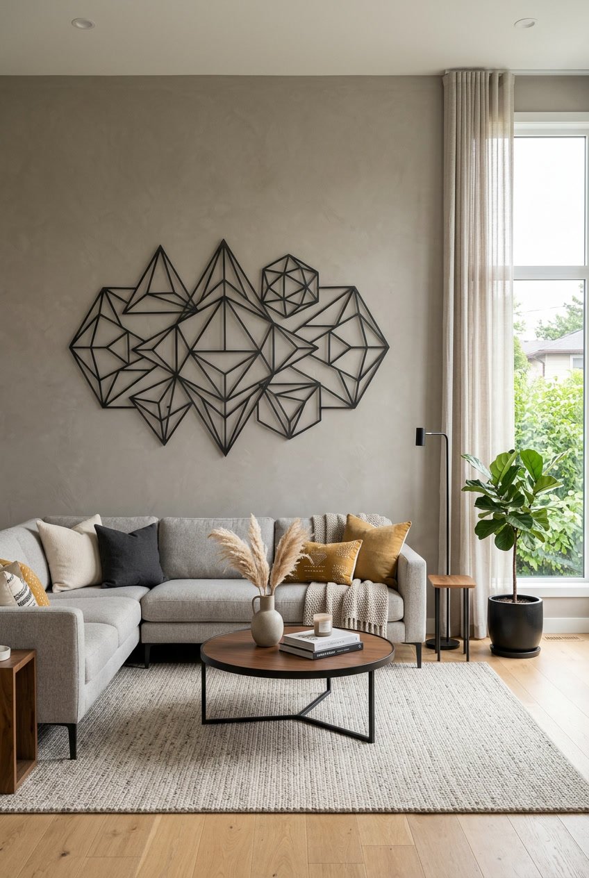 A living room with metal geometric wall art mounted on the wall above a sofa.