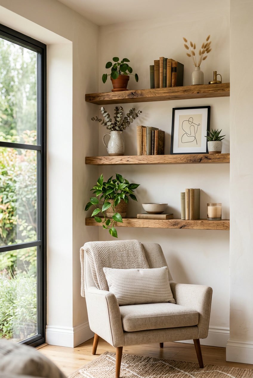 A living room corner with rustic wooden floating shelves displaying plants, books, and decorative items on a light-colored wall.