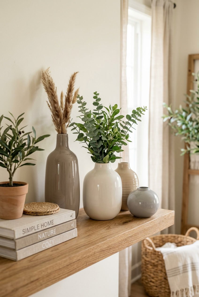 A set of ceramic vases of different sizes arranged on a wooden surface with plants and decorative items around them.