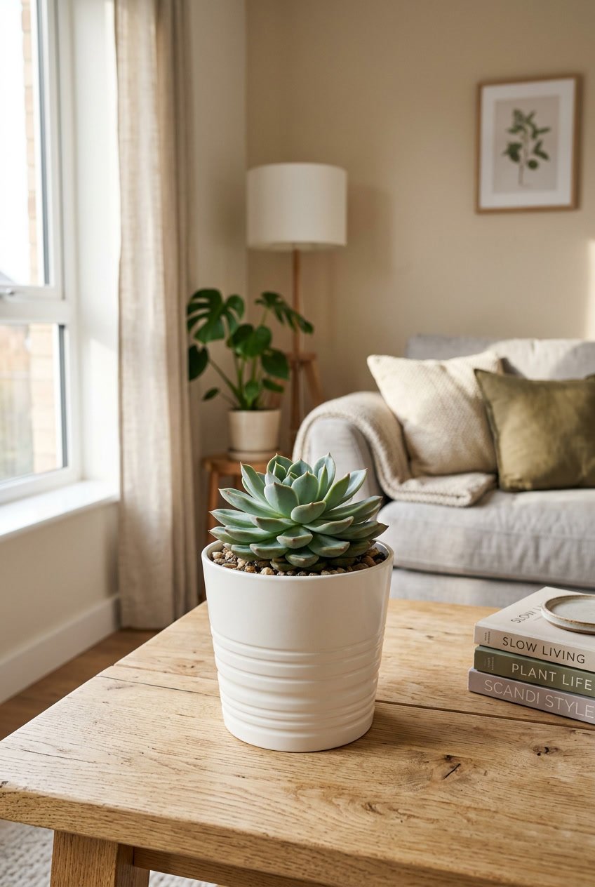 A white succulent plant pot with a green succulent on a wooden table in a bright living room.