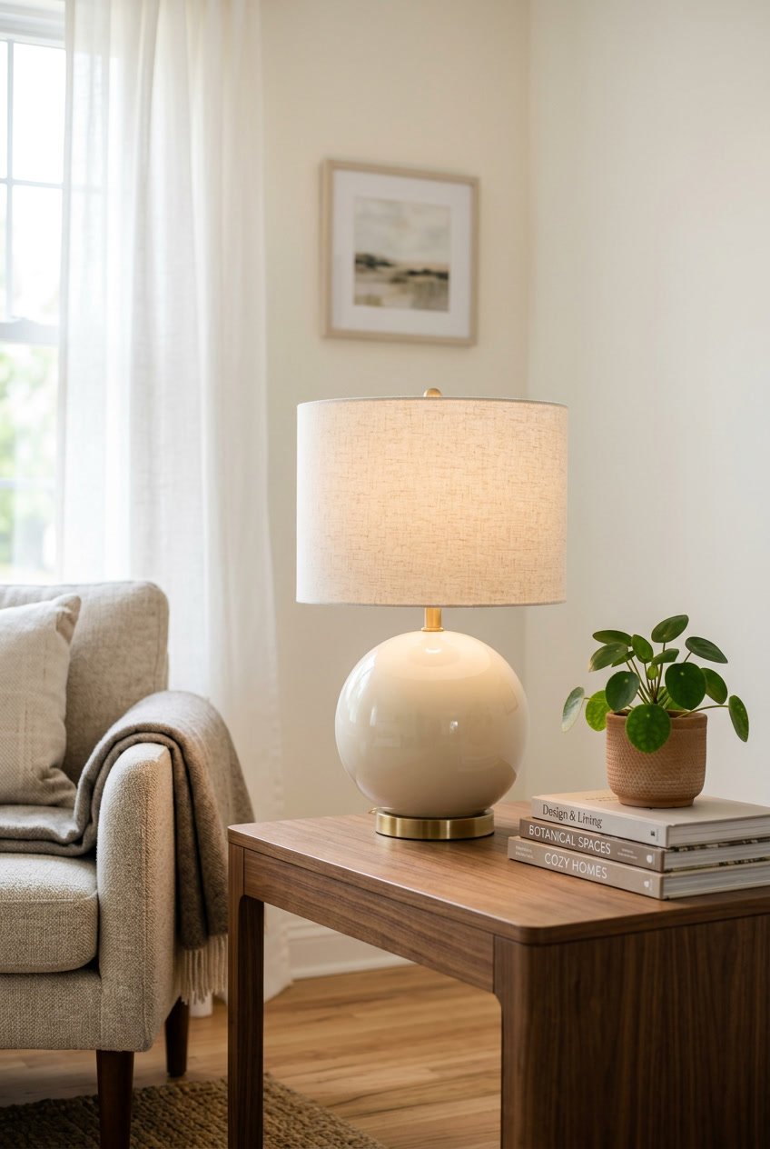 A globe table lamp with a fabric shade on a wooden side table next to a plant and books in a living room corner.
