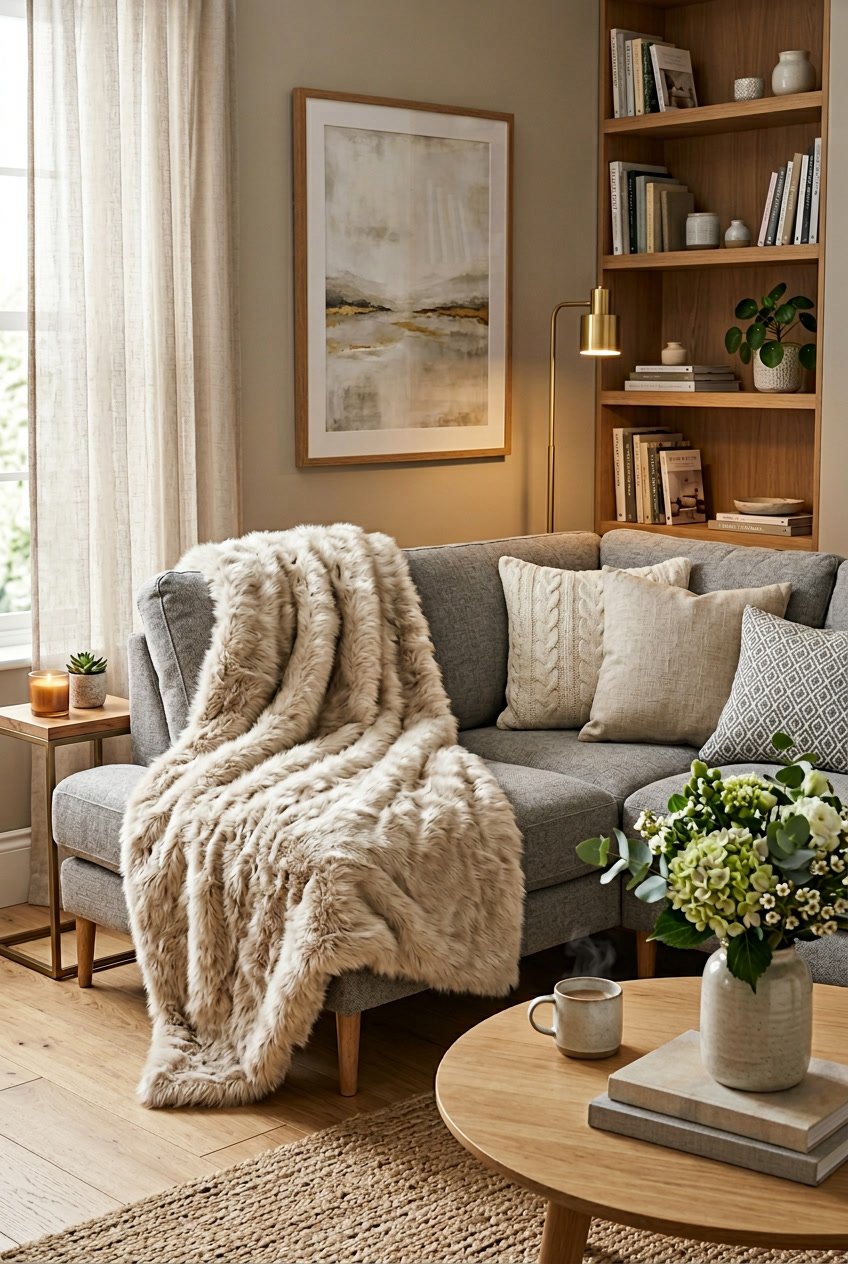 A cozy living room with a soft faux fur throw blanket draped over a sofa surrounded by decorative pillows and home decor items.
