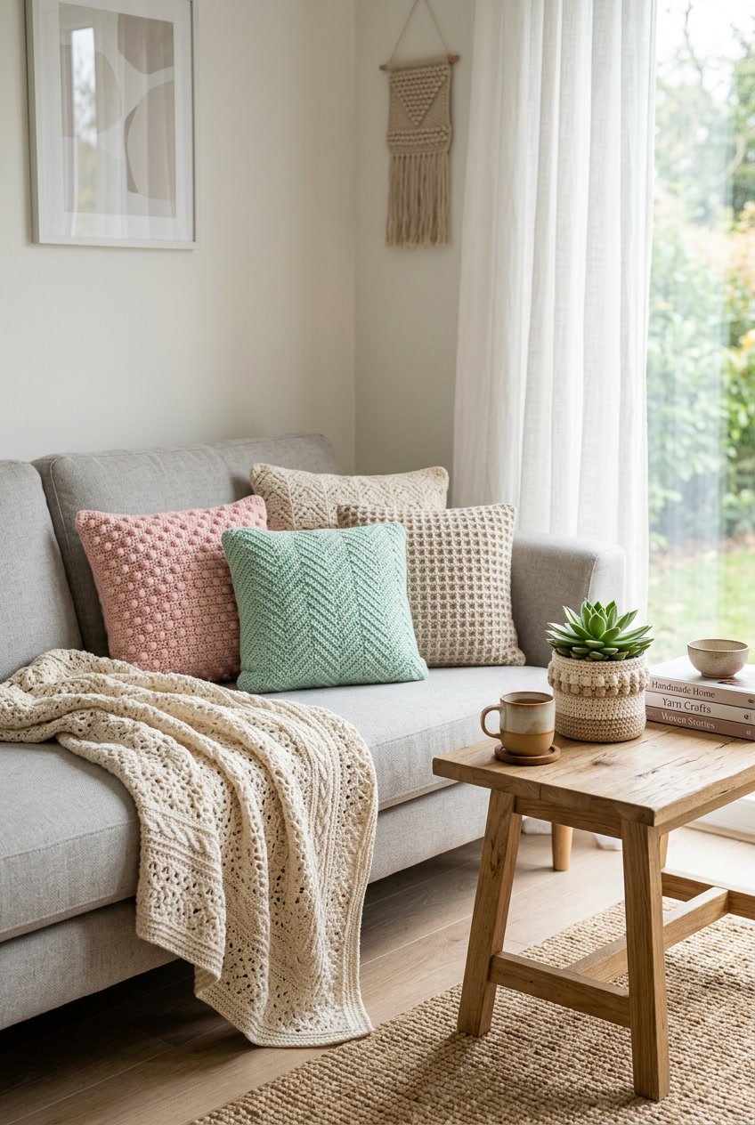 A living room corner with a gray sofa covered by a cream crochet throw and pastel crochet cushions, a wooden coffee table with a crochet plant pot holder and a green succulent, lit by natural light through a window.